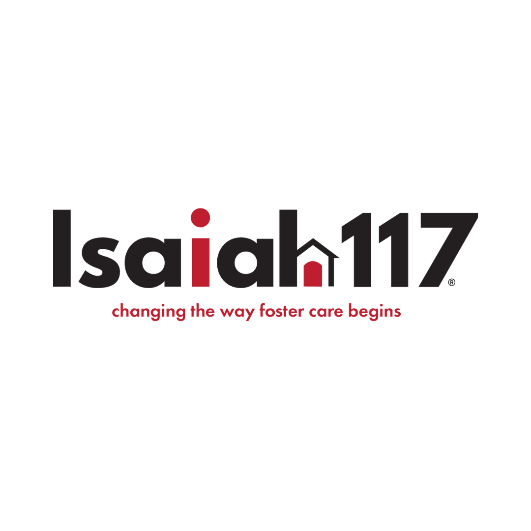 Black and red lettering spell out "Isaiah 117" with the "h" being a house, "changing the way foster care begins".  White background